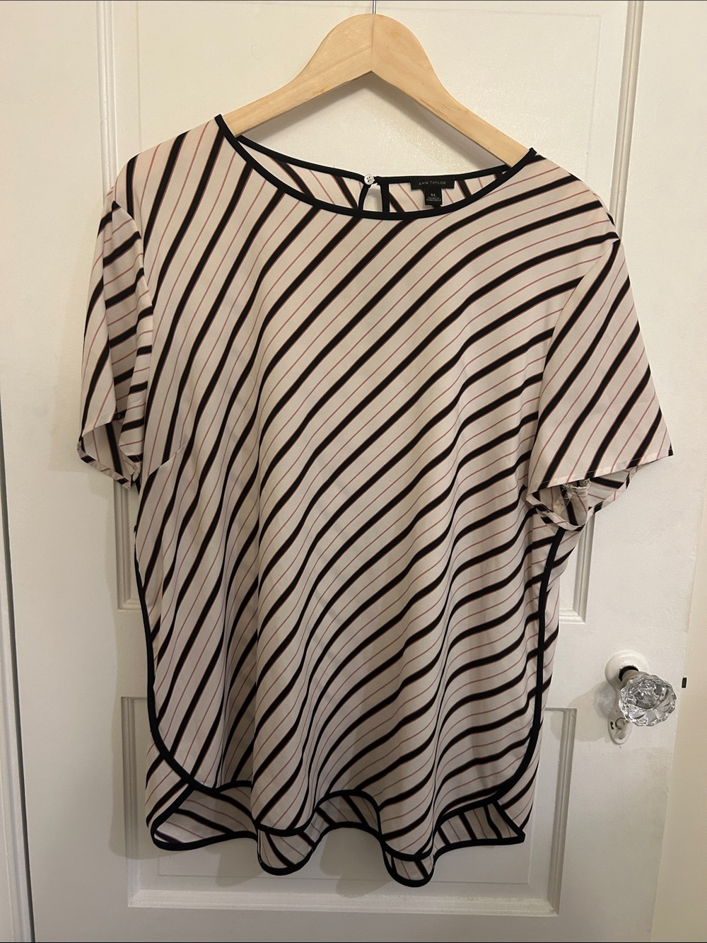 Ann Taylor Cream Blouse with Black Diagonal Stripes